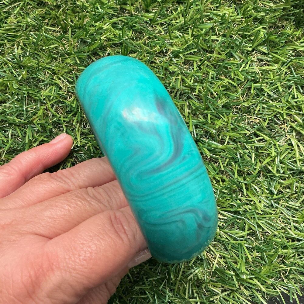 Vintage Turquoise Blue Marbled Lucite Acrylic Bangle Bracelet 1” Wide 8” Around